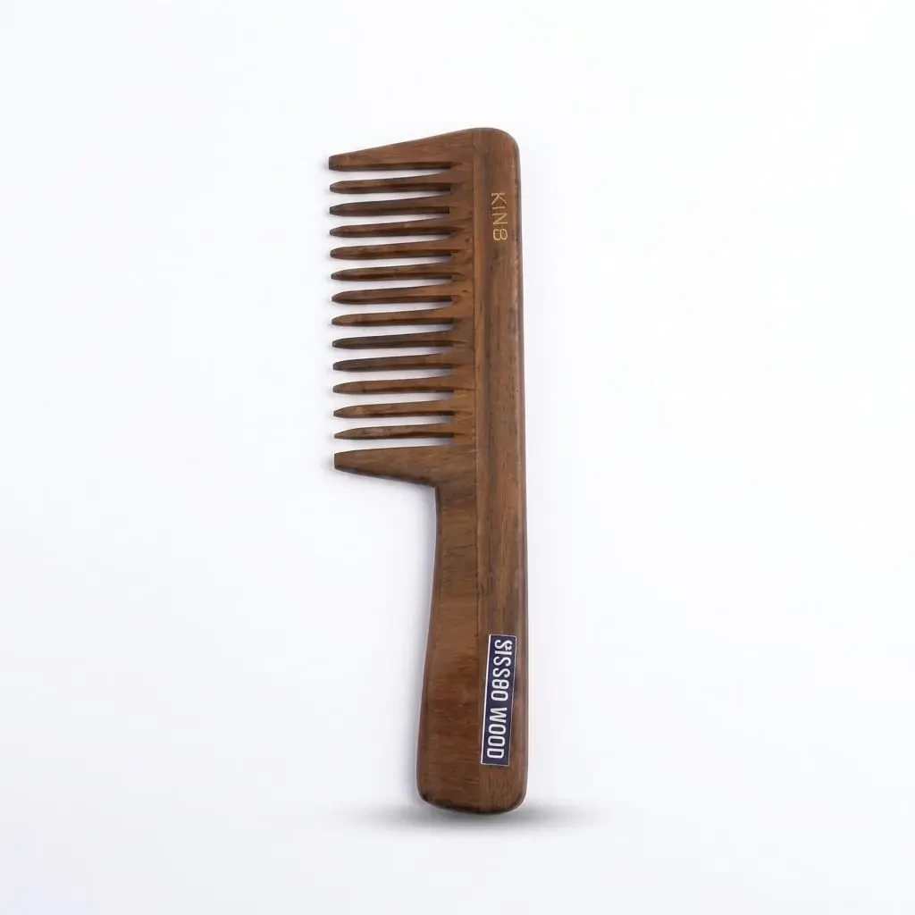 Sissoo King Premium Wooden Big Tooth Hair Comb With Handle