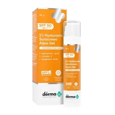 The Derma Co 1% Hyaluronic Sunscreen Aqua Ultra Light Gel with SPF 50 PA++++ For Broad Spectrum, UVA, UVB & Blue Light Protection 50g